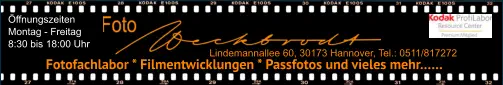 Öffnungszeiten Montag - Freitag 8:30 bis 18:00 Uhr  Lindemannallee 60, 30173 Hannover, Tel.: 0511/817272 Fotofachlabor * Filmentwicklungen * Passfotos und vieles mehr……